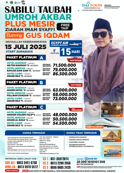 Umroh Plus Mesir Gus Iqdam 15 Juli Start Surabaya